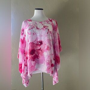 Pink & White Floral Watercolor Asymmetrical Blouse with White Embroidery detail